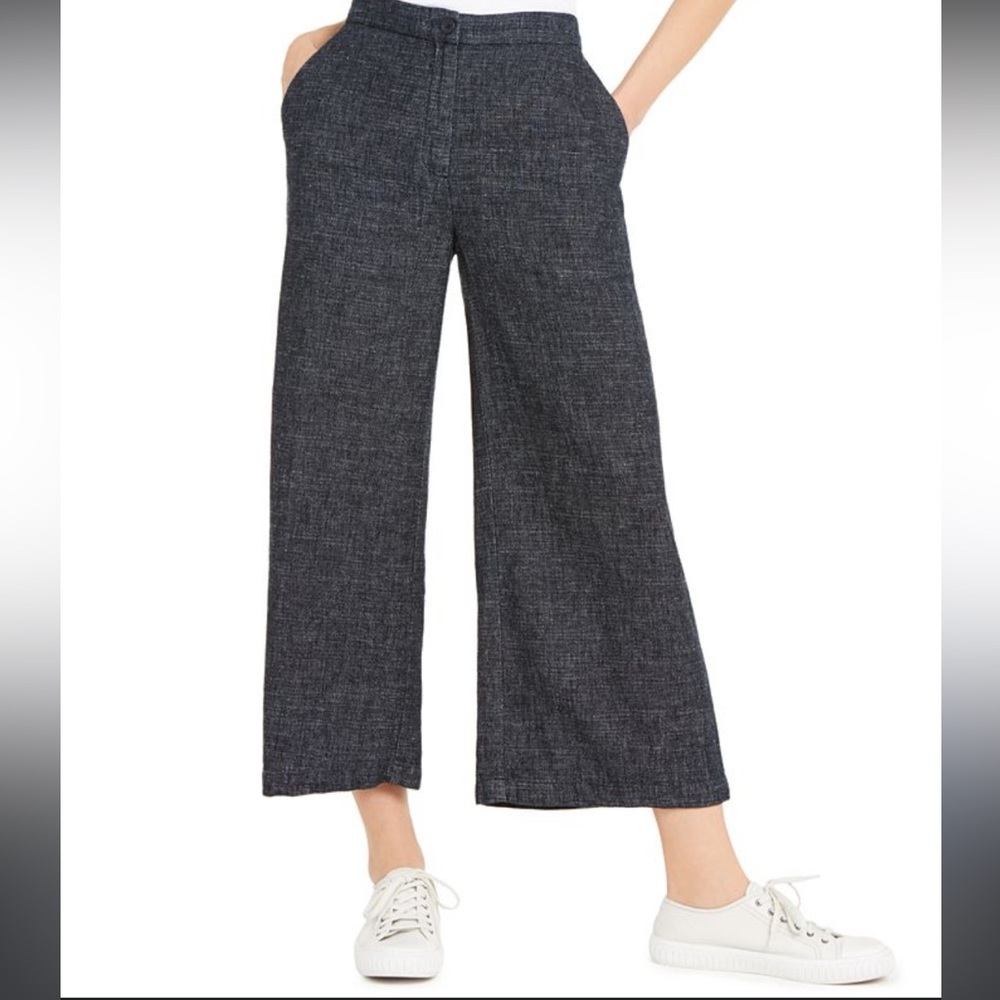 Eileen Fisher Navy Indigo Tweedy Hemp Cotton Wide Leg Trousers Size 2 Petite